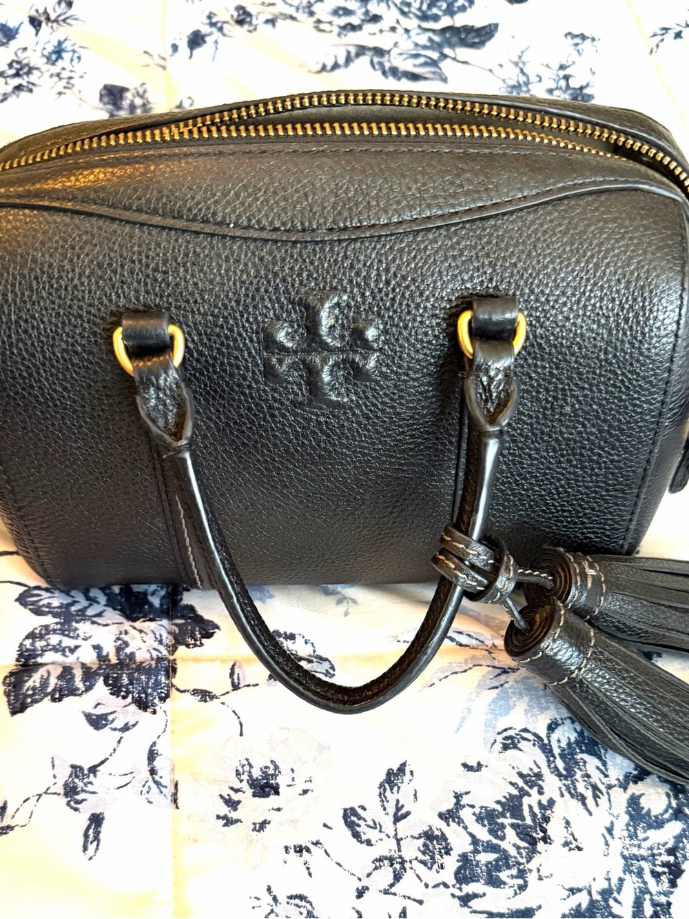 Tory Burch Black Leather Satchel with Beige Interior